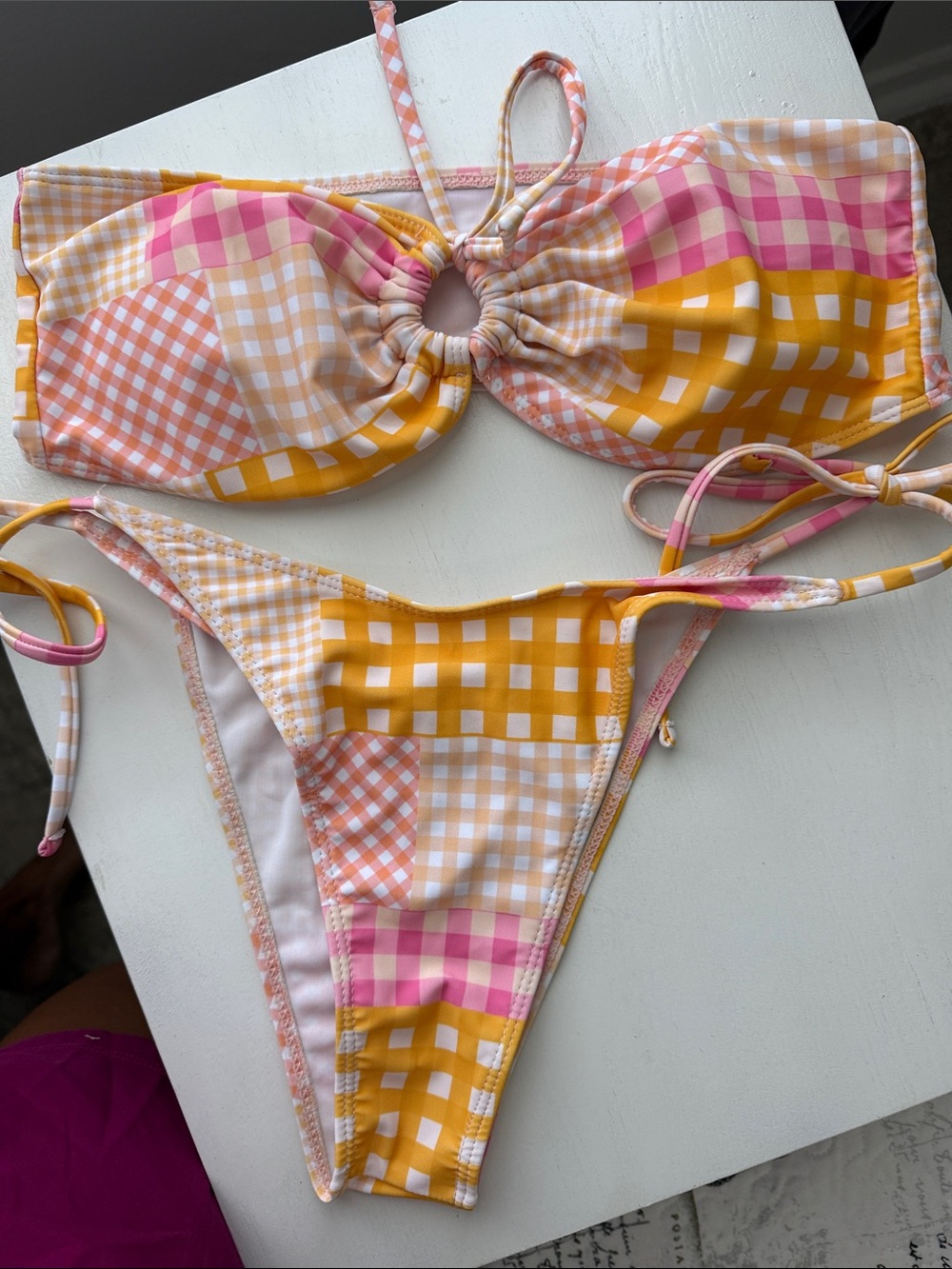Yellow & Pink Gingham Patchwork Bikini Set